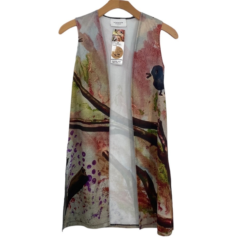 Le Galeriste Tweet Vest Cardigan Wearable Art Women Small Pink Purple Sleeveless